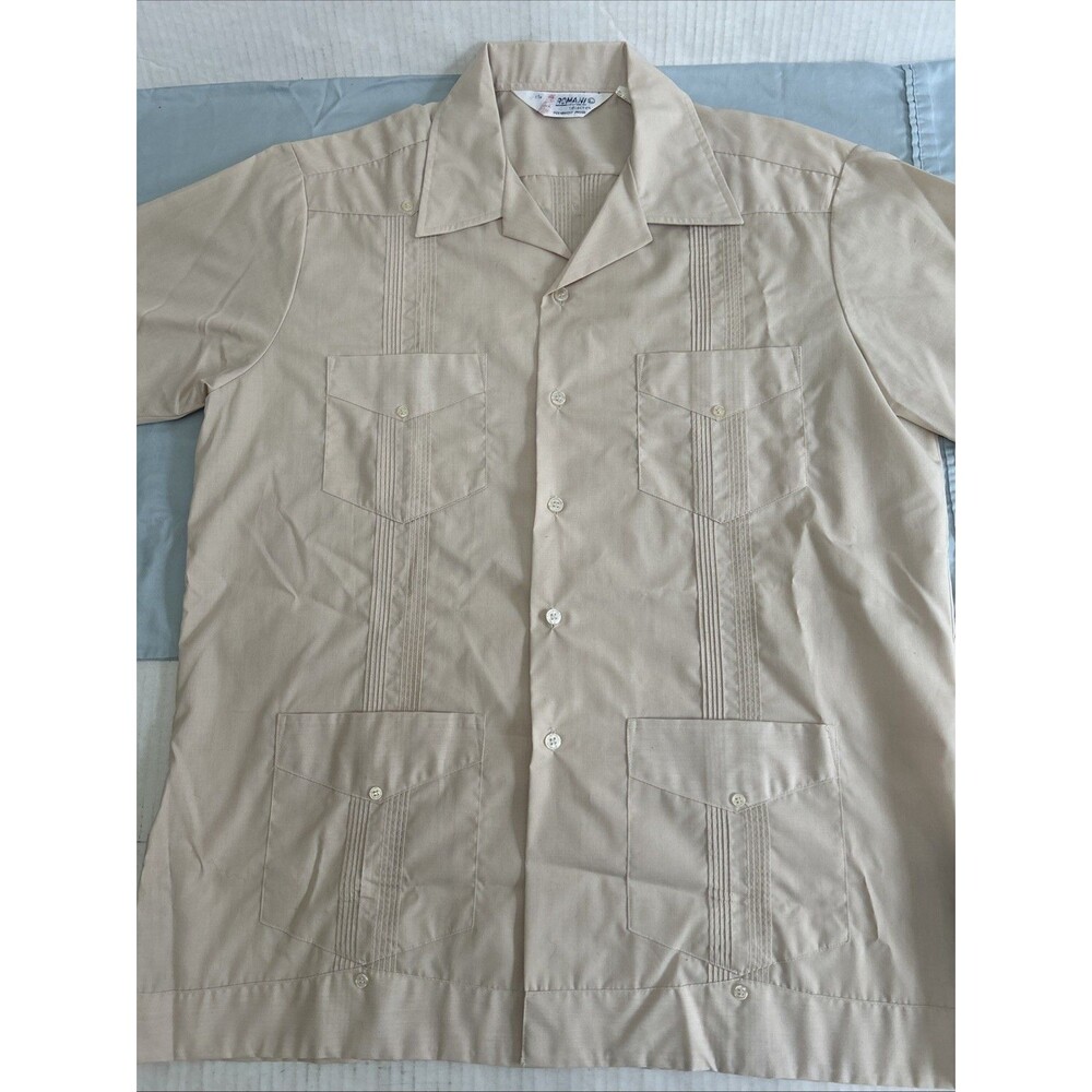 Vintage 70S 80s Romani Mens Guayabera Shirt Beige Permanent Press Sz L